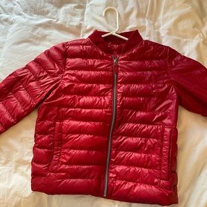 Red puffer jacket